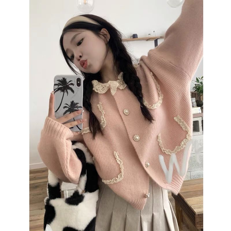 春秋韓系針織開衫外套女2023秋季新款短款長袖溫柔慵懶風毛衣上衣