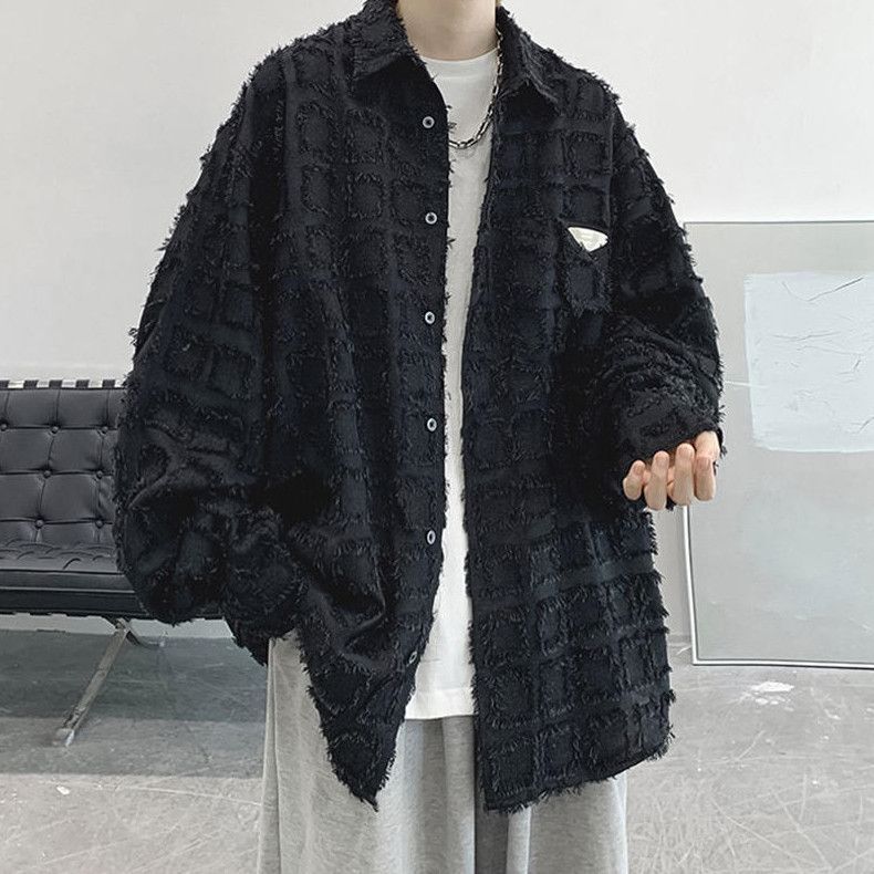 Xiaoxiangfeng tassel plaid long-sleeved shirt men's spring and autumn high-end design hiphop jacket European and American high street shirt