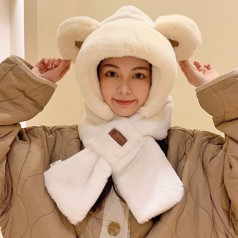 Furry hat scarf all-in-one women's winter scarf bear cute autumn and winter versatile fashionable warm ear protection hat trend