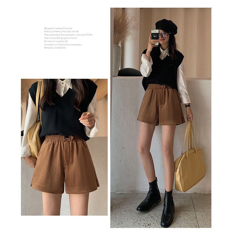 Plus velvet shorts women's loose  spring and autumn new Korean version of corduroy wide-leg boots pants all-match thickened casual pants