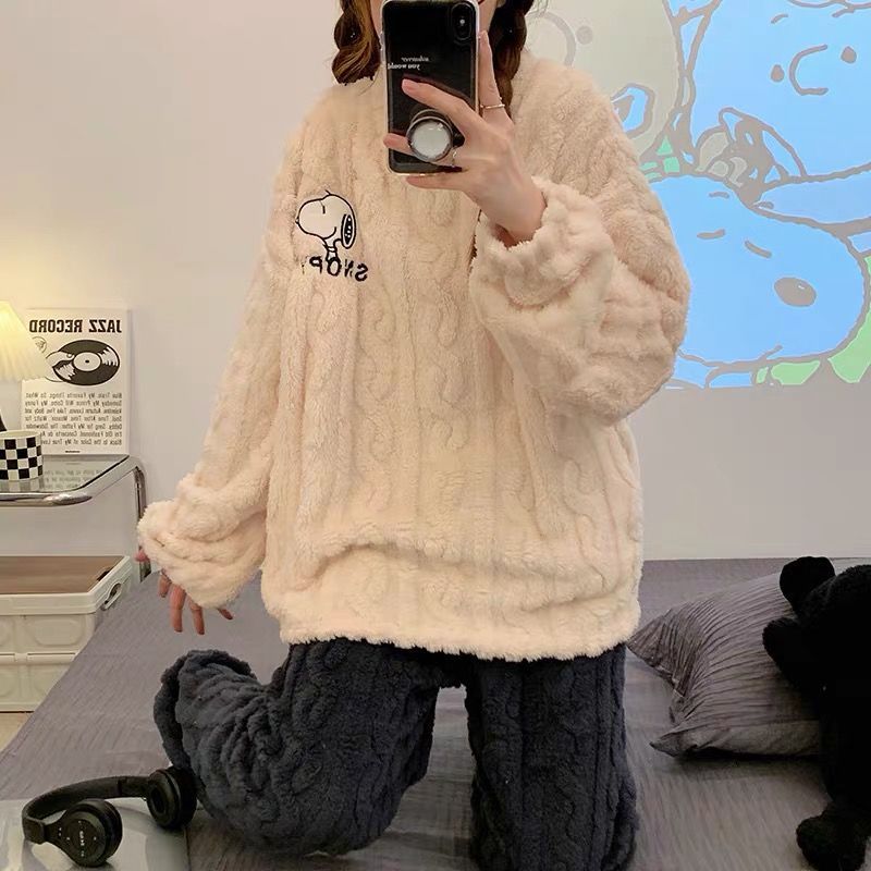 Coral fleece pajamas women's autumn and winter plus velvet thickened long-sleeved net red students cute flannel home service suit