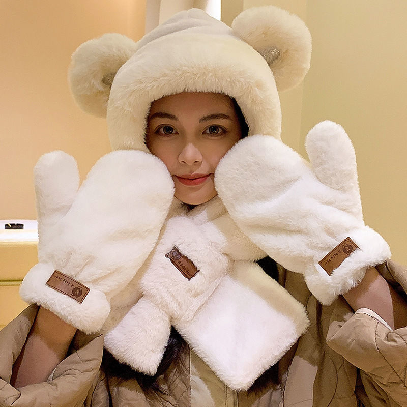 Furry hat scarf all-in-one women's winter scarf bear cute autumn and winter versatile fashionable warm ear protection hat trend