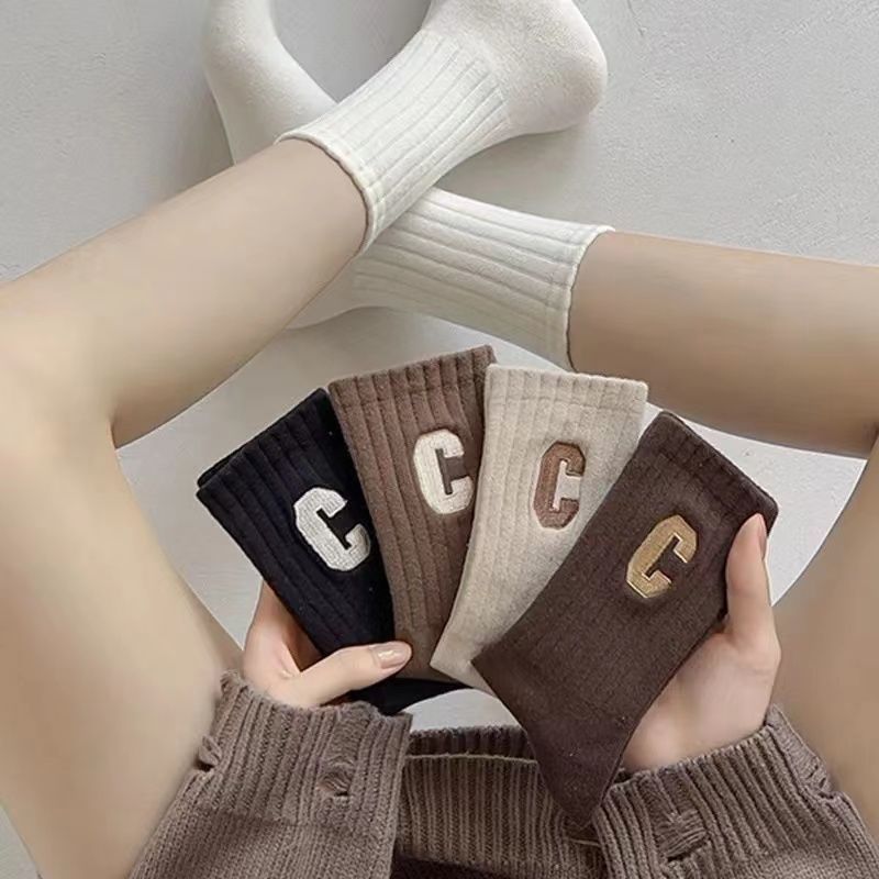Thickened socks women's mid-tube vertical stripes show thin ins all-match high-value Mori campus letters autumn and winter trendy socks