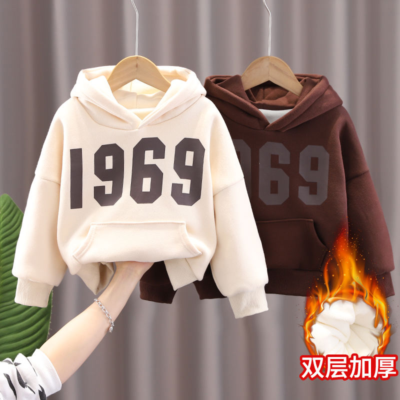 Boys' hooded sweater winter double-layer fleece thickened clothes spring and autumn children's 2022 new children's fashion trend