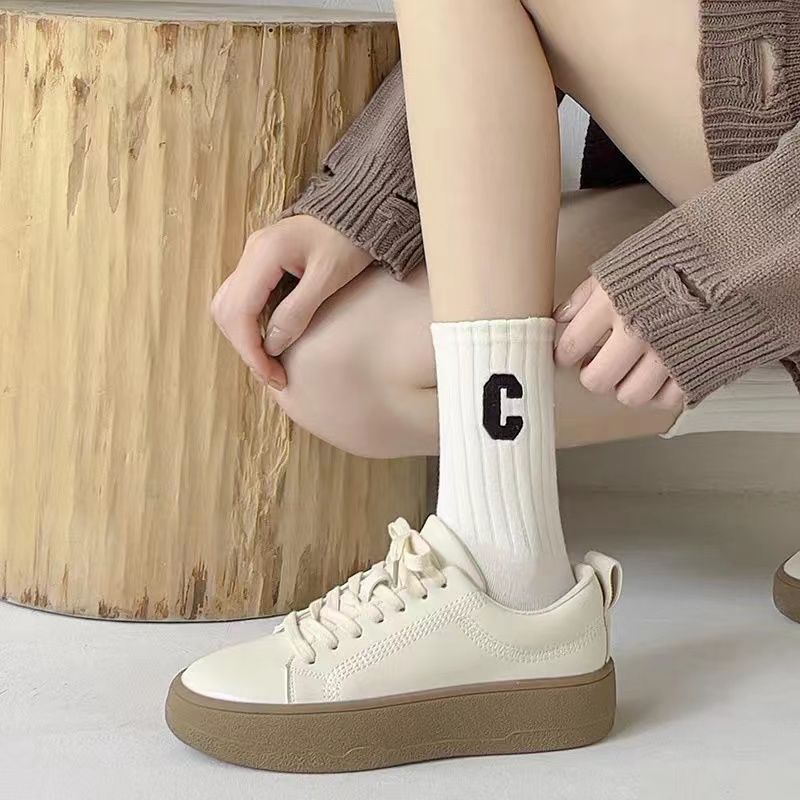 Thickened socks women's mid-tube vertical stripes show thin ins all-match high-value Mori campus letters autumn and winter trendy socks