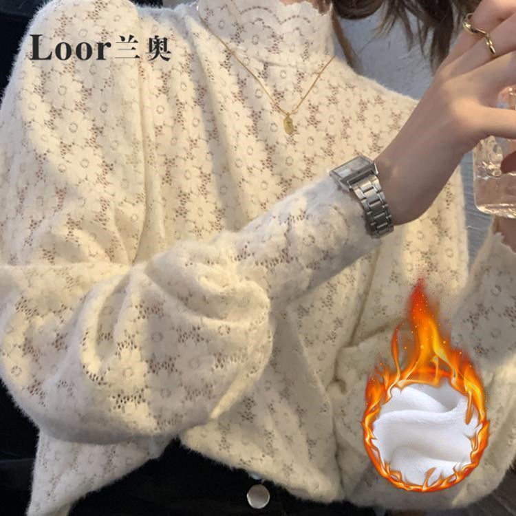 蘭奧正品加絨半高領蕾絲打底衫女秋冬大碼胖mm洋氣內搭長袖上衣潮