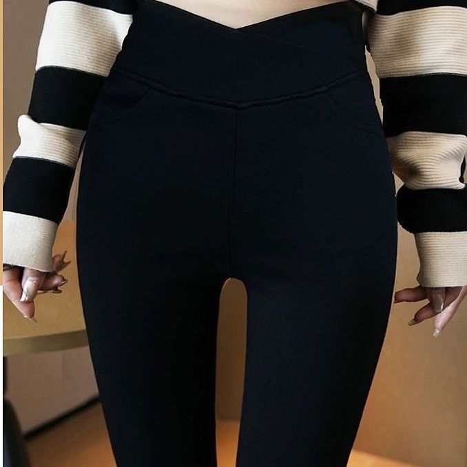 Black micro-bell-bottom pants women plus velvet cross high-waist elastic slim fit leggings outerwear long pants bell-bottom pants