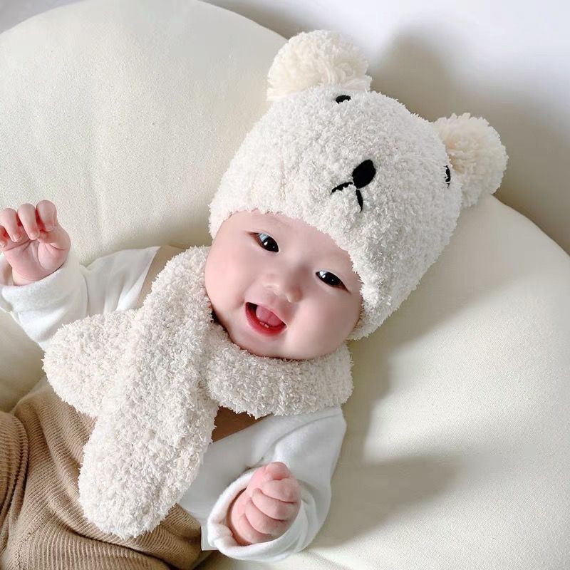 婴儿帽子冬季保暖毛线针织可爱围巾两件套宝宝男女护耳防风毛球潮
