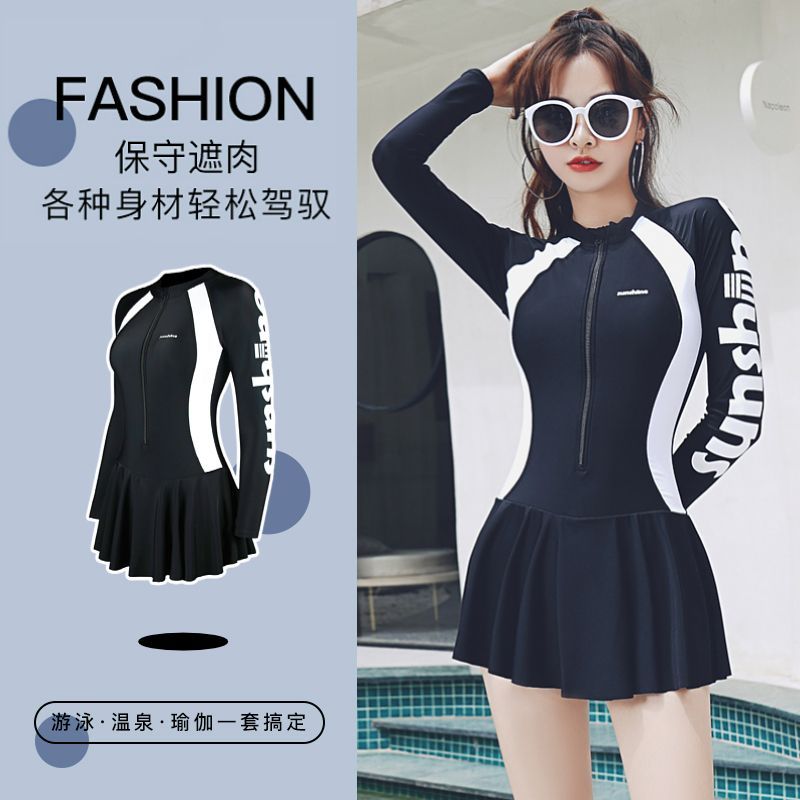 Women's plus size swimsuit covers belly, looks slim, conservative student sports swimsuit, long-sleeved sun protection swimsuit 2023 new hot style