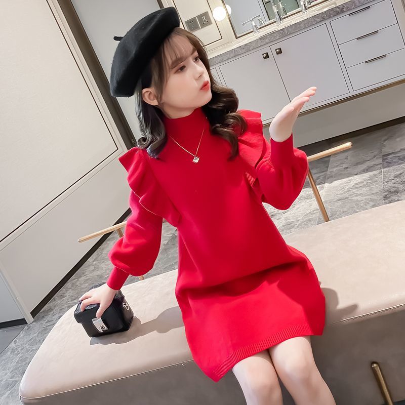 女童連衣裙秋裝2022新款兒童洋氣時髦秋冬毛衣裙小女孩紅色裙子