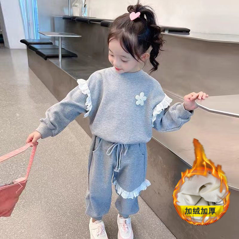 女童秋冬裝加絨加厚兩件套兒童運動保暖套裝寶寶套頭衛衣長褲童裝