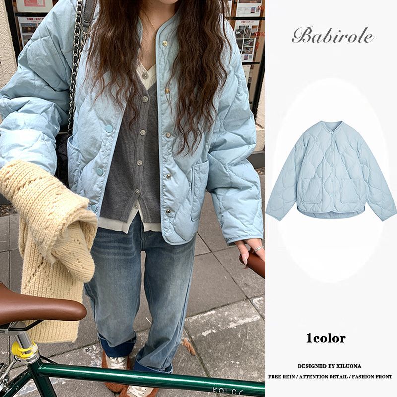 小個子短款藍色羽絨棉服女冬季新款韓版設計感修身輕薄菱格外套