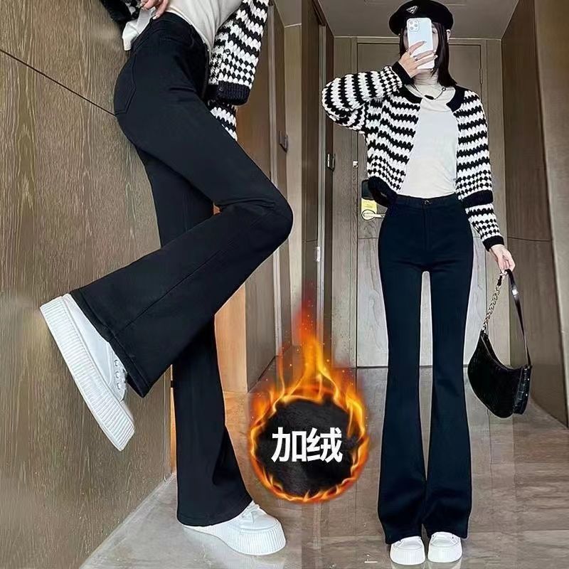 黑色加絨加厚微喇休閒褲女秋冬年新款高腰顯瘦修身小喇叭長褲