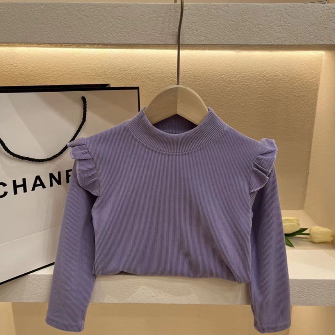 Girls' bottoming shirt plus velvet autumn and winter new children's baby all-match lotus leaf sleeve top girl foreign style half turtleneck shirt