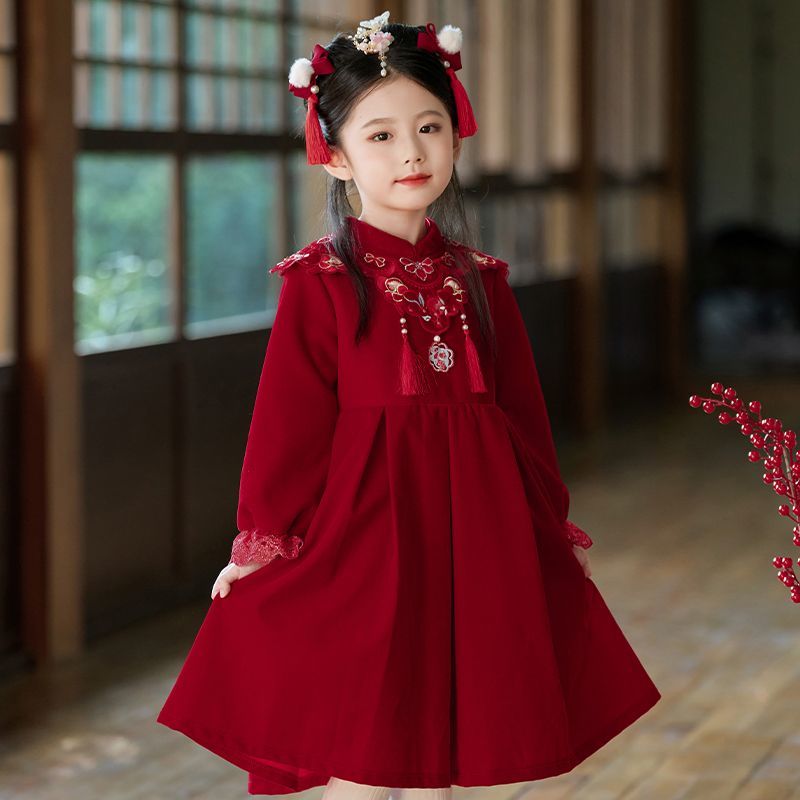 女童秋冬連衣裙長袖網紅時髦洋氣2022新款童裝小寶寶加絨紅色裙子