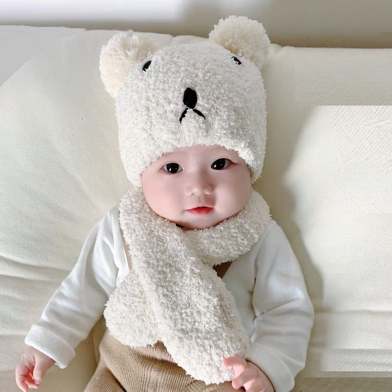 婴儿帽子冬季保暖毛线针织可爱围巾两件套宝宝男女护耳防风毛球潮