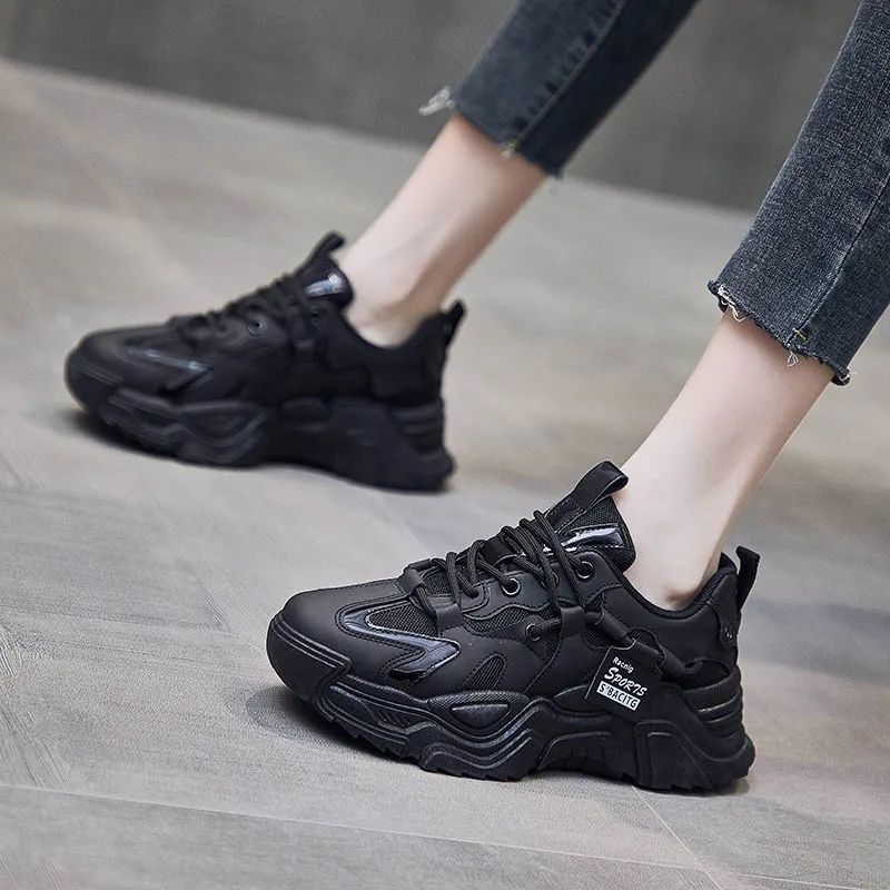 Explosive black daddy shoes female ins trend 2022 autumn new Hong Kong style all-match thick-soled sports and leisure shoes female