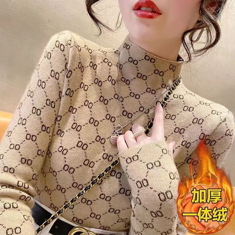 【一體絨】半高領加厚打底衫2023秋冬新款洋氣顯瘦內搭針織毛衣女
