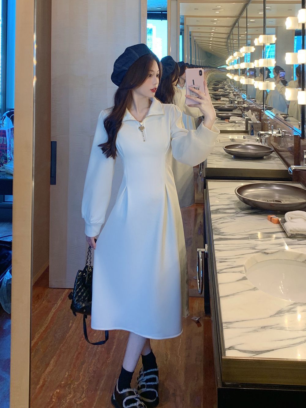 大碼設計感長袖華夫格加絨加厚連衣裙女新款胖MM收腰顯瘦中長裙子