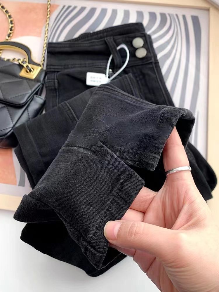黑色開叉高腰牛仔褲女秋冬胖妹妹適合胯大腿粗顯瘦寬鬆九分煙管褲