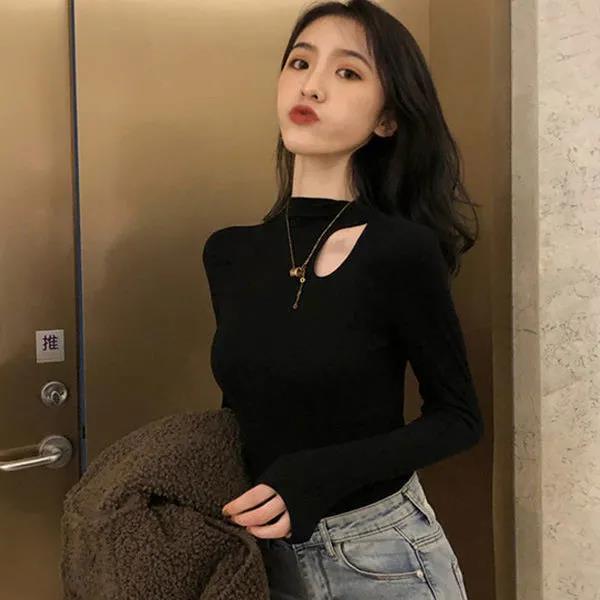 Double-sided German velvet plus velvet thickened half-high collar long-sleeved T-shirt autumn and winter bottoming shirt women's collarbone top ins tide