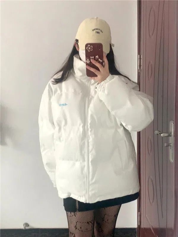 Korean style stand collar white embroidery thickened warm pu leather bread coat cotton coat female student simple winter cotton coat