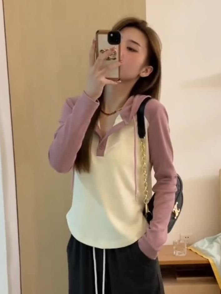 春秋裝撞色拼接連帽衛衣女寬鬆顯瘦休閒外穿內搭長袖T恤上衣外套