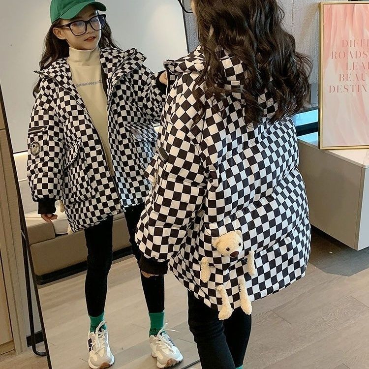 Girls winter 2022 new Korean version of the big children's net red casual foreign style thickened down cotton checkerboard cotton coat