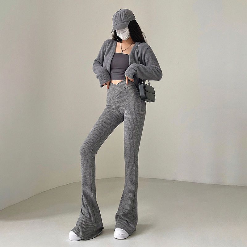 European and American basic knitted solid color slightly booted casual pants women's V-shaped waist thread tight sports yoga pants