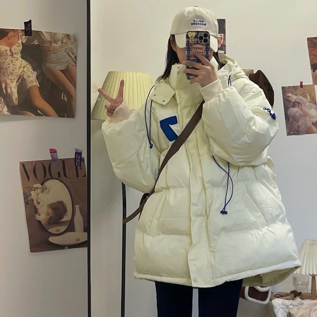 Thickened cotton jacket female 2022 winter new large size loose student cotton jacket Korean version hooded bread clothing ins