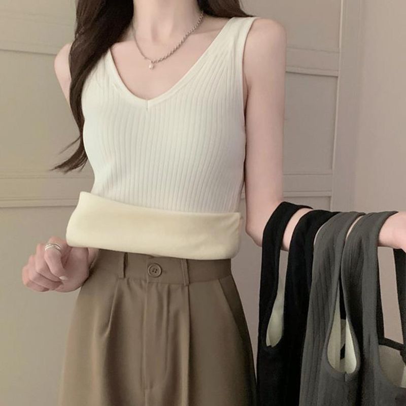 秋冬新款加絨加厚V領吊帶背心女修身顯瘦防寒保暖無袖打底上衣潮