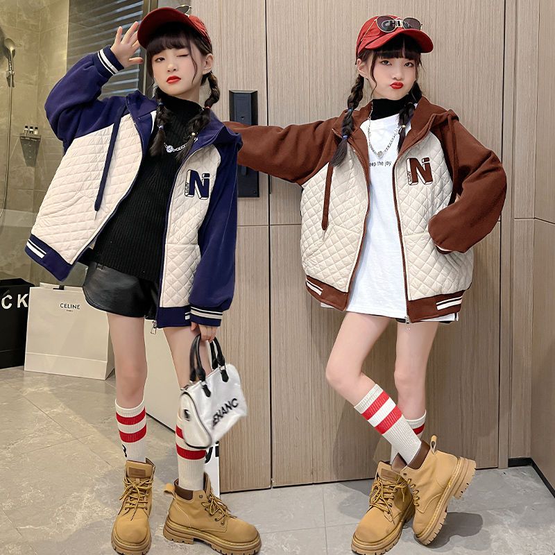 Girls' jacket 2022 autumn and winter medium and large girls' sports jacket foreign style baseball uniform girl thickened jacket top