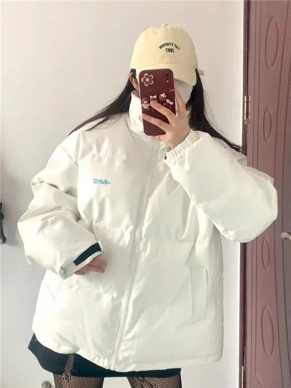 Korean style stand collar white embroidery thickened warm pu leather bread coat cotton coat female student simple winter cotton coat