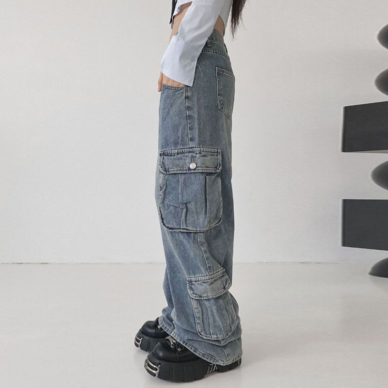BIIKPIIK high street design pocket tooling denim straight-leg pants female ins personality all-match loose wide-leg pants