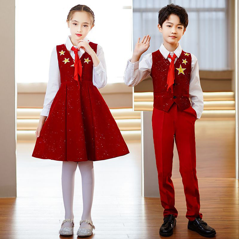 新款红歌儿童合唱演出服中小学生诗歌朗诵红星闪闪舞蹈表演服纱裙