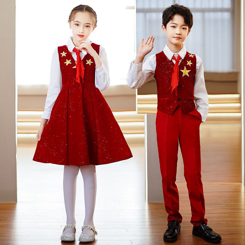 國慶兒童合唱演出服紅星閃閃愛國中小學生唱紅歌朗誦舞蹈表演服裝