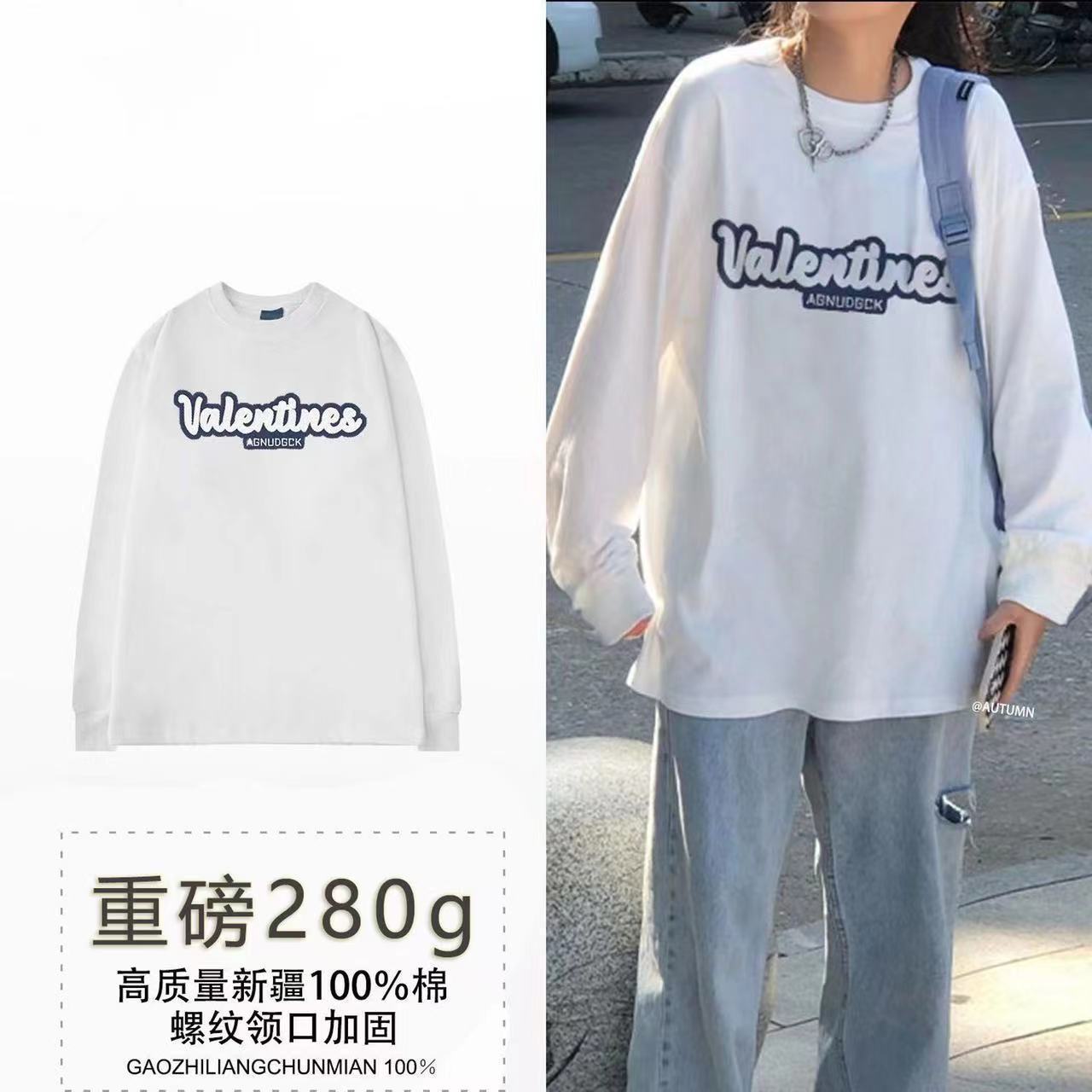 280g重磅純棉原宿字母印花長袖T恤男女生ins春秋季運動休閒情侶裝