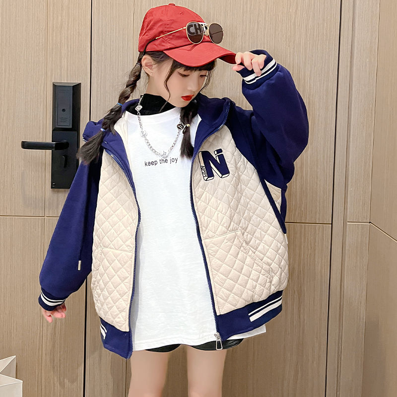 Girls' jacket 2022 autumn and winter medium and large girls' sports jacket foreign style baseball uniform girl thickened jacket top