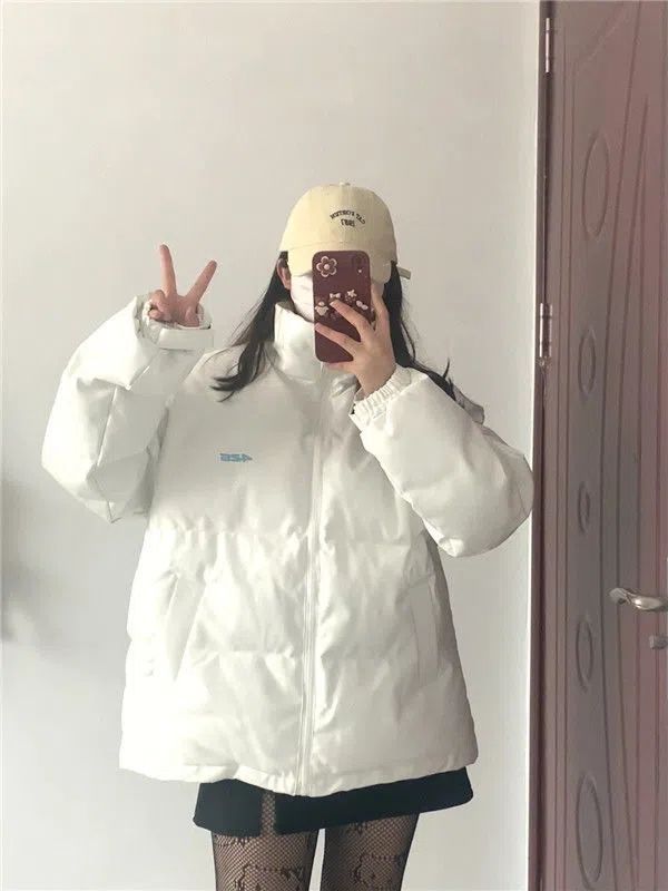 Korean style stand collar white embroidery thickened warm pu leather bread coat cotton coat female student simple winter cotton coat