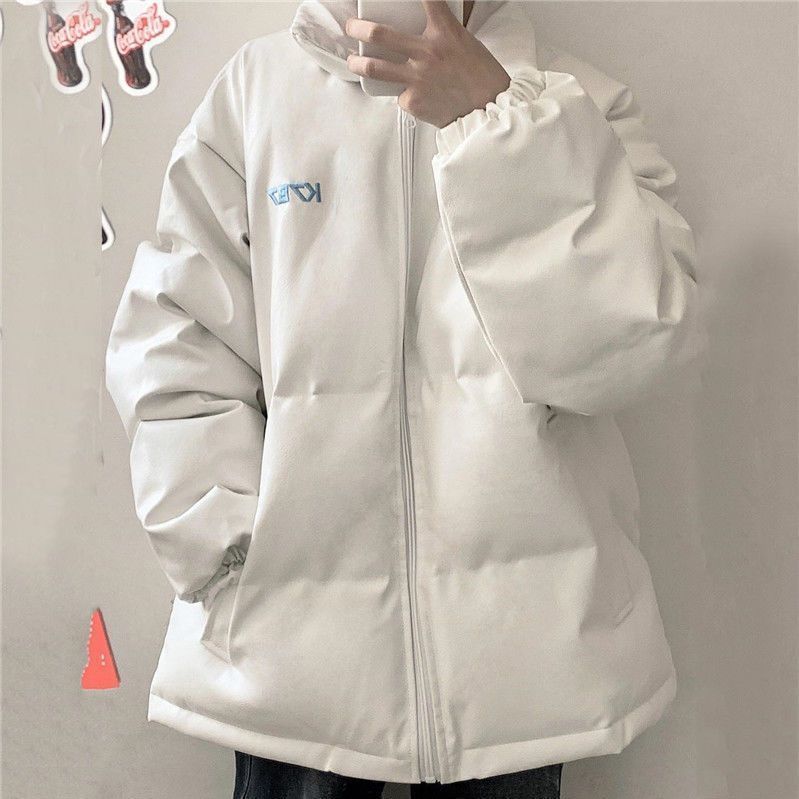 Korean style stand collar white embroidery thickened warm pu leather bread coat cotton coat female student simple winter cotton coat