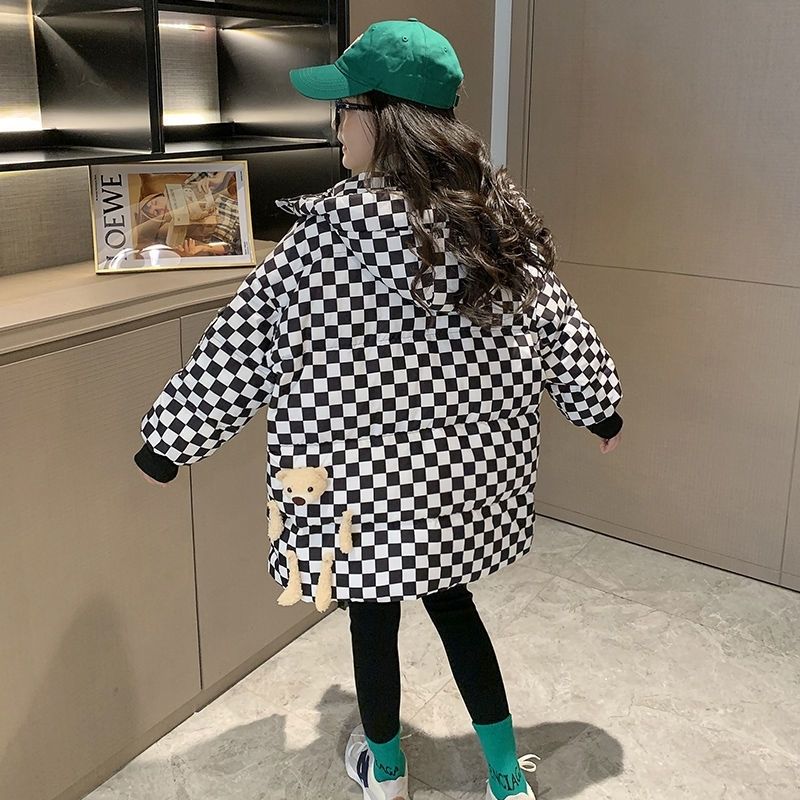 Girls winter 2022 new Korean version of the big children's net red casual foreign style thickened down cotton checkerboard cotton coat