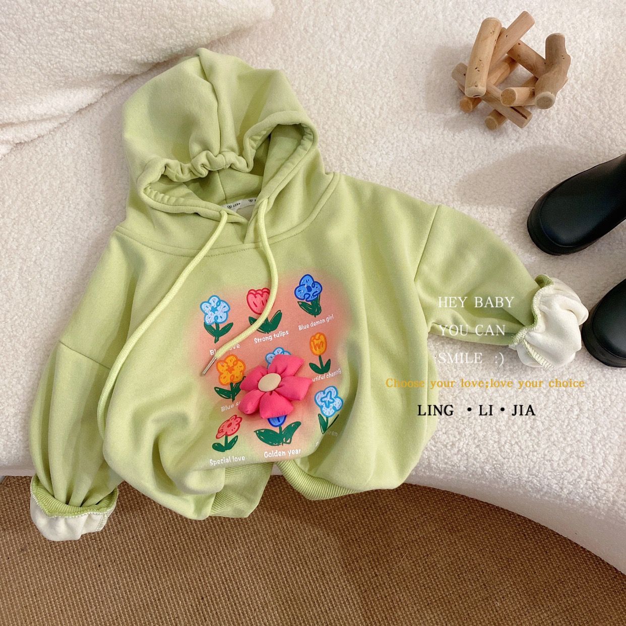 Warehouse clearance big label cut label [three-dimensional flowers] autumn plus velvet thickened children's hooded sweater jacket jacket