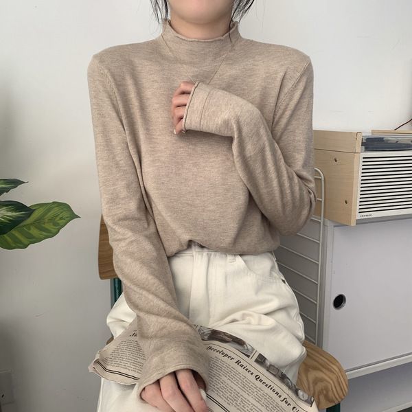 Half turtleneck rolled edge black bottoming shirt for women autumn 2023 new versatile long-sleeved inner sweater spring and autumn top