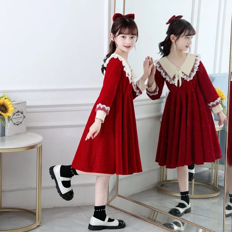 童装女童公主裙秋装新款洋气儿童长袖裙子女孩春秋红色连衣裙