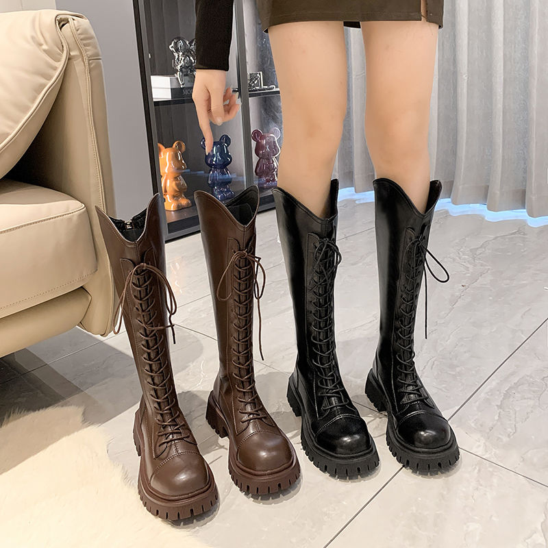 Thick-soled widening boots women's v-mouth knight boots small thick leg boots fat mm big tube circumference high boots increased leather boots
