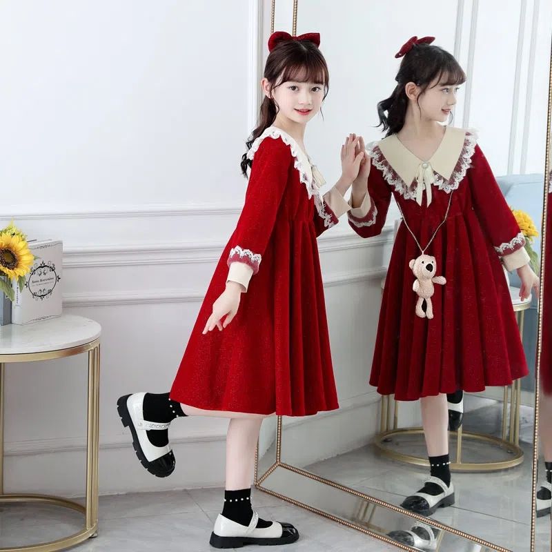 童装女童公主裙秋装新款洋气儿童长袖裙子女孩春秋红色连衣裙