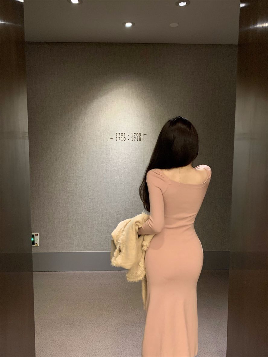 连衣裙女韩版修身v领长袖中长款打底裙早秋粉色开叉性感包臀裙子