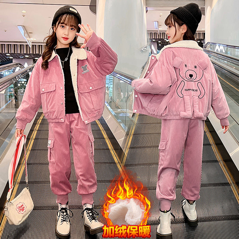 童裝女童套裝兒童冬裝燈芯絨女孩子衣服加絨洋氣外套褲子兩件套