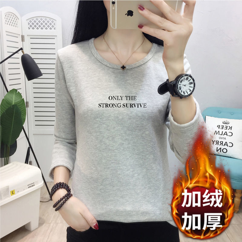 All-in-one velvet bottoming shirt women's autumn and winter self-cultivation and warmth inside with foreign style round neck plus velvet thickened long-sleeved t-shirt tops for women