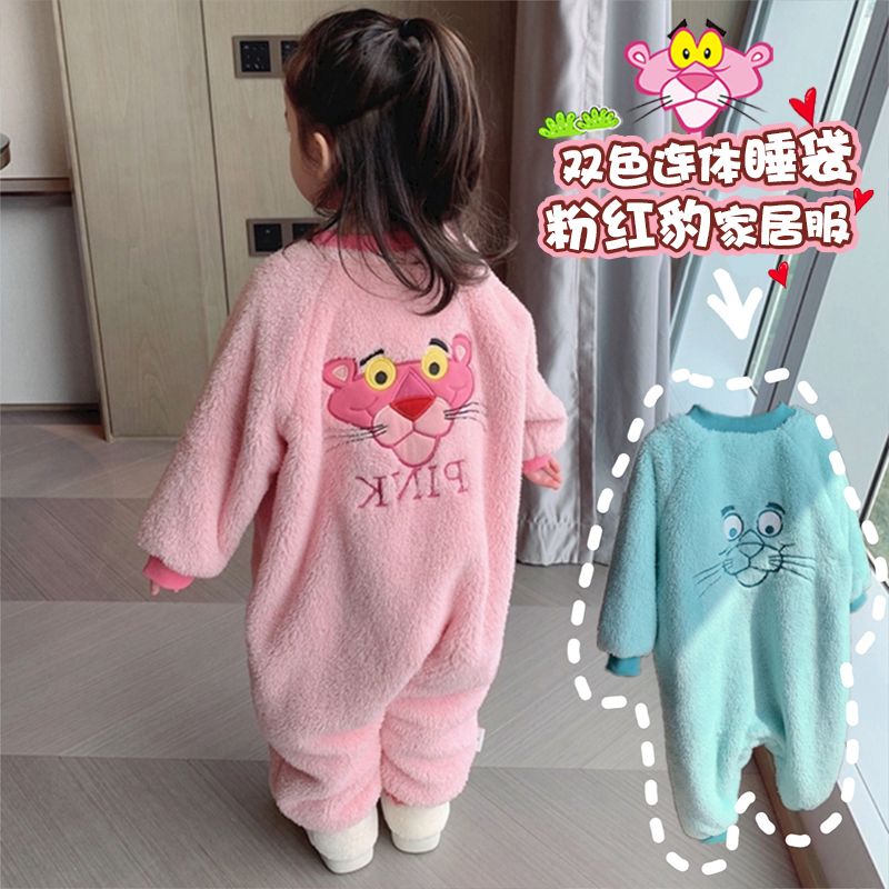Boys sleeping bag autumn and winter baby jumpsuit thickened anti-kick quilt flannel cartoon pajamas coral fleece home service